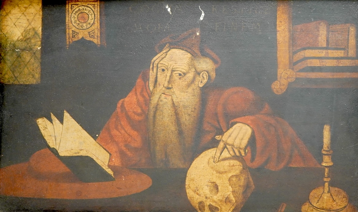 After Joos Van Cleve (c.1480-1540), 'St Jerome in his study', memento mori, oil on panel, 28 x 46cm